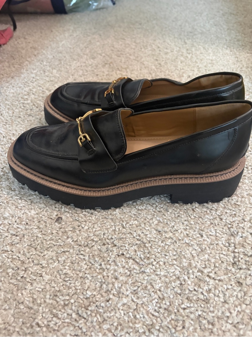 Sam Edelman Black Leather Platform Loafers with Gold Bit